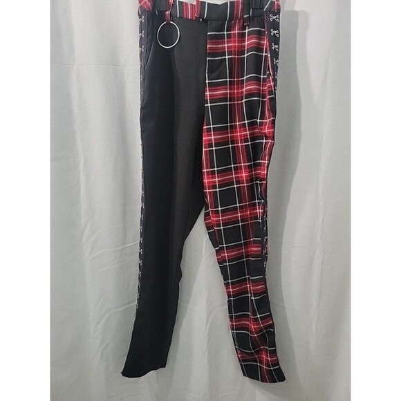Hot Topic Womens Pant S Black Red Plaid Split Leg Punk Goth Pants Elastic Waist - Picture 11 of 13